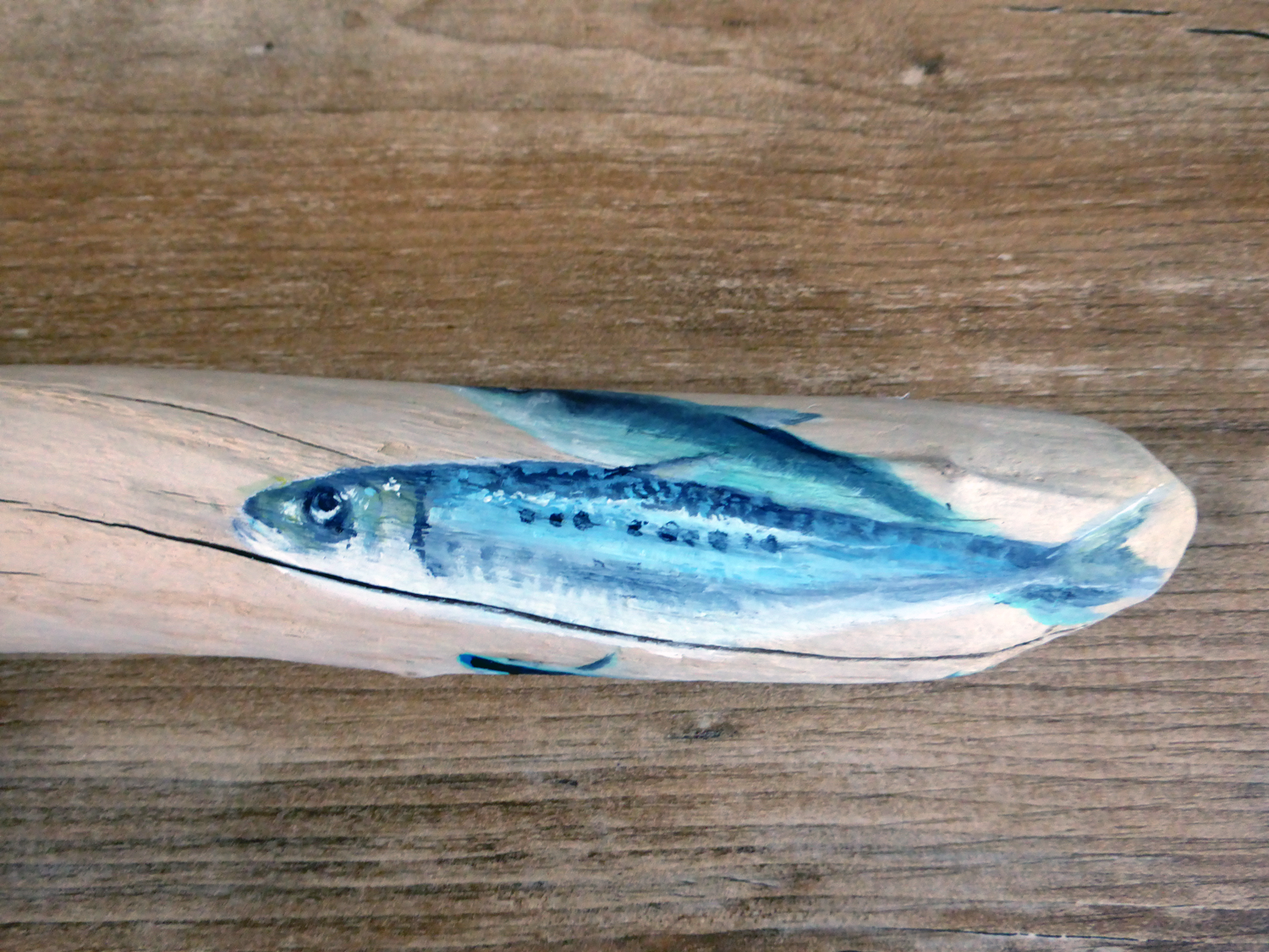Sardines à l'acrylique, sur bois flotté ramassé en Suède